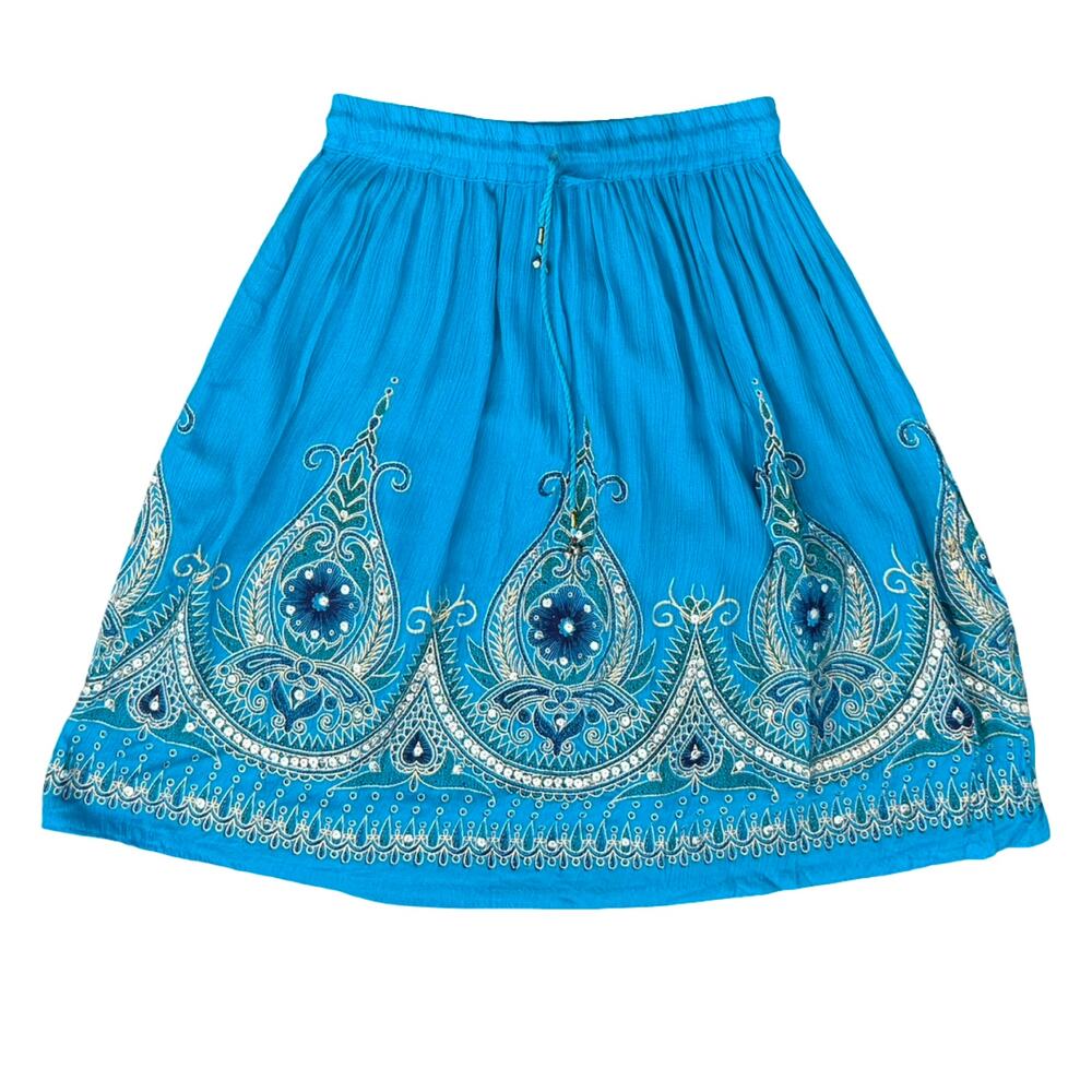 Blue Yellow Boho Bohemian Embroidered Tie Elastic Waist Knee Length Skirt size M